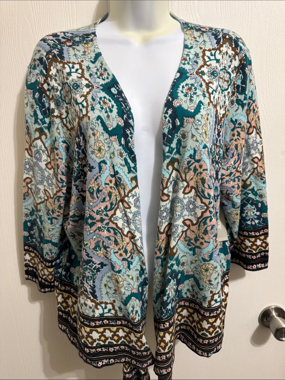 Chico’s Cardigan Open Front Sweater Medallion Tie Front NWT Women’s 3 XL Fall